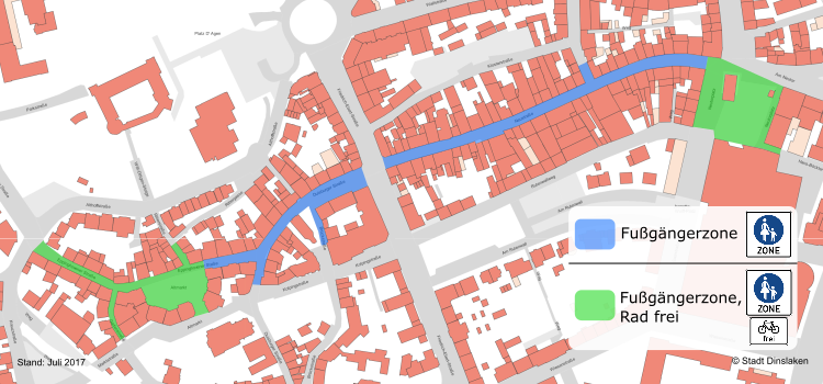 Karte "Lage der Dinslakener Fußgängerzone und Freigabe für den Radverkehr"