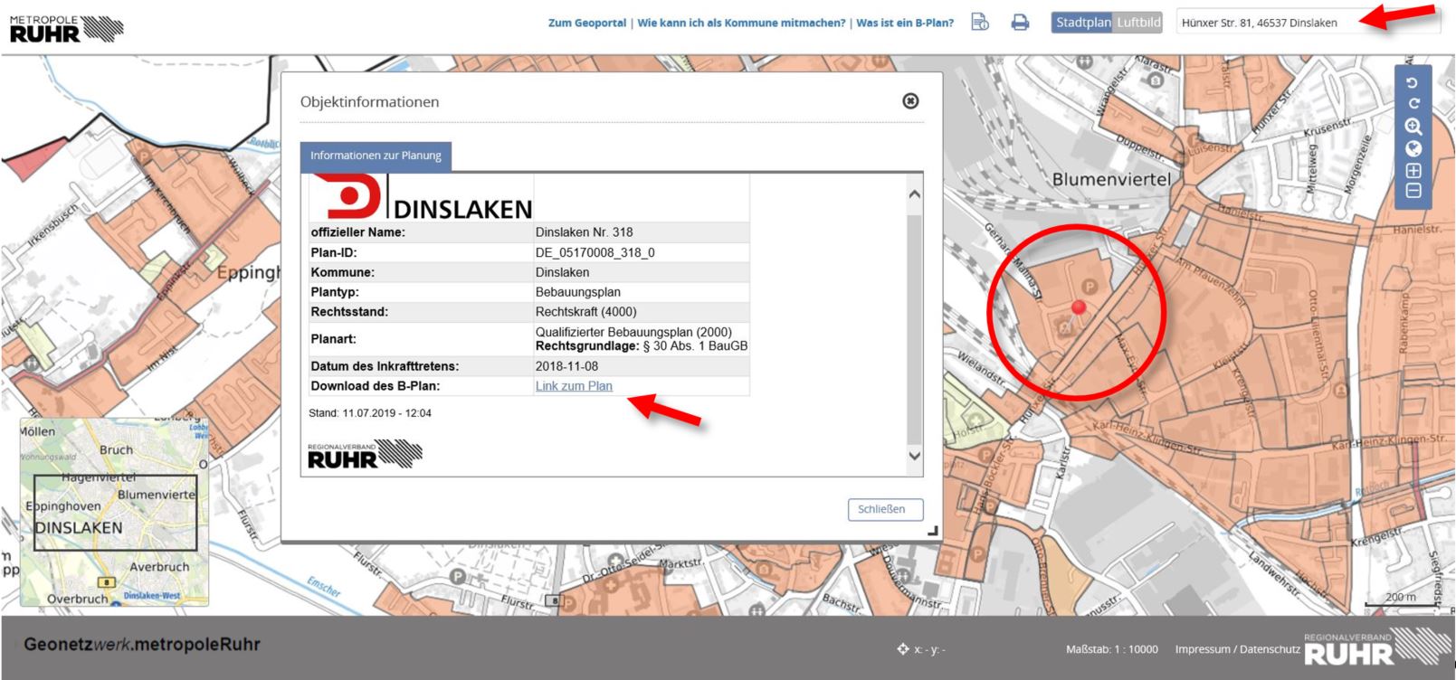 Screenshot des Infofensters nach Eingabe der Suchadresse und Anklicken des B-Planbereiches