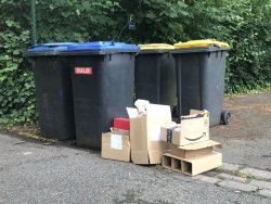 Kartons neben Altpapiertonnen