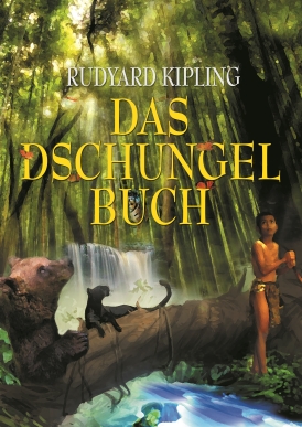 Dschungelkind Mowgli mit einem schwarzen Panther auf einem Baumstamm über einem Fluss